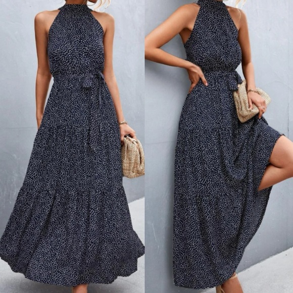 Boho polka dot halter belted maxi dress - Picture 2 of 9